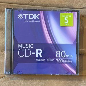 TDK 5 PACK OF MUSIC CD-R MEDIA, AUDIO RECORDING, 80 MINUTE, 700 MB, NEW